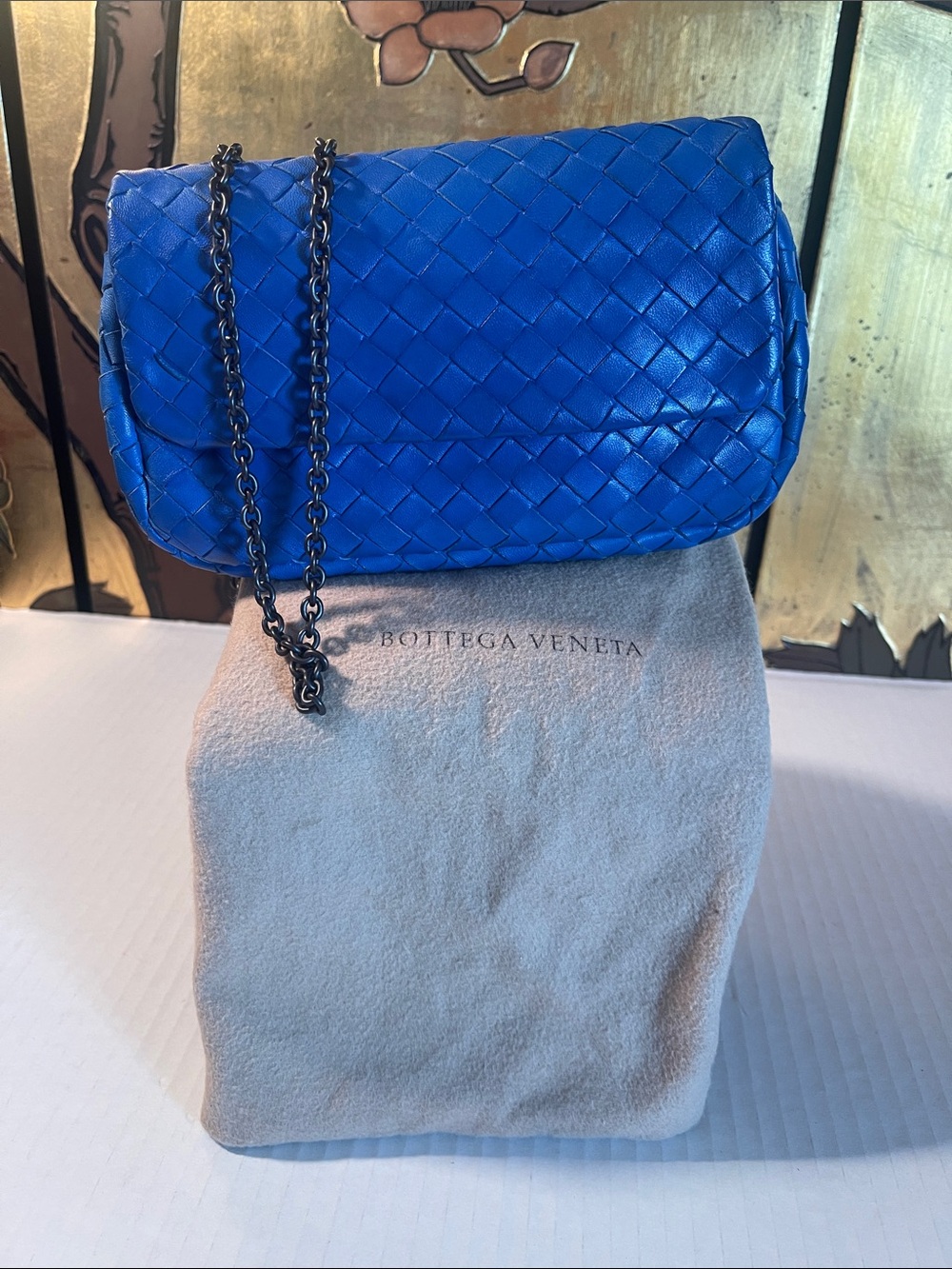 Bottega Veneta Blue Intrecciato Chain Crossbody Bag Good condition